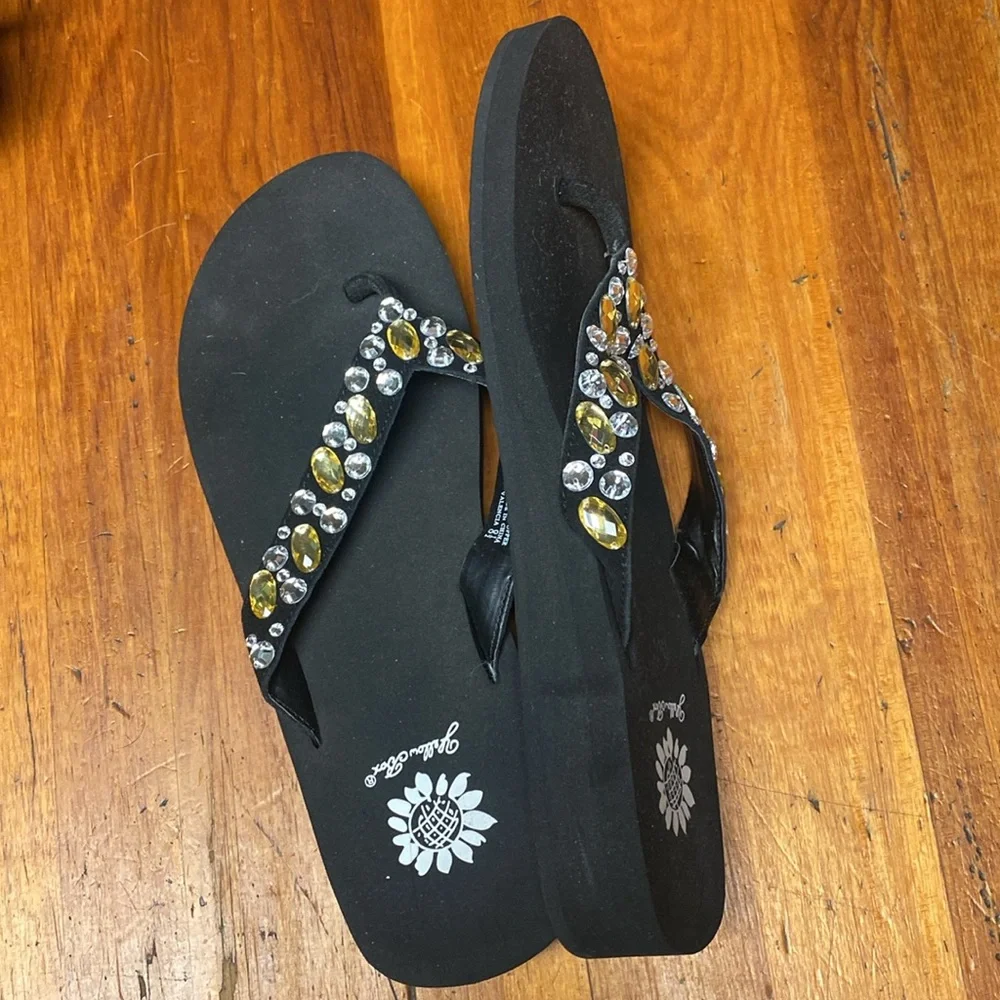 - Yellow Box Black Valencia Sandals with Gem Accents - Picture 2 of 4